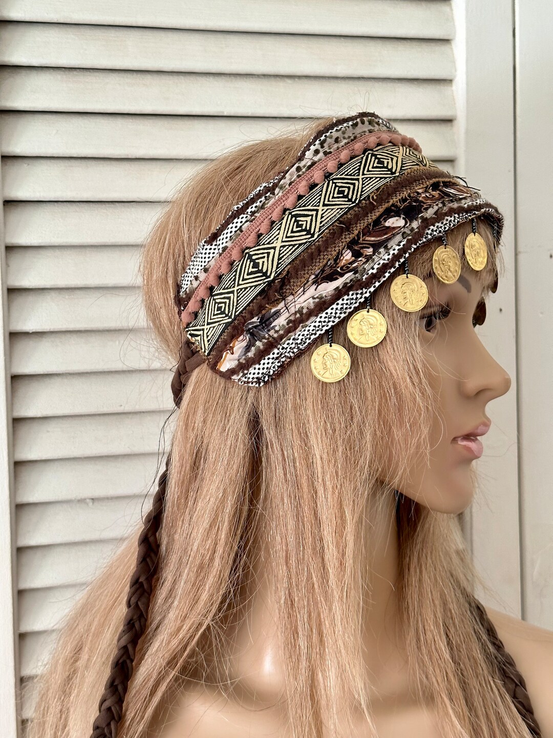 Bohemian Coins Headband, Hippie Hairband, Festival Head Wrap, Brown Beiges Coins Head Band
