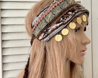 Bohemian coins headband, hippie hairband, festival head wrap, brown beiges coins head band, geometric ribbon, tieback wide embellished gypsy