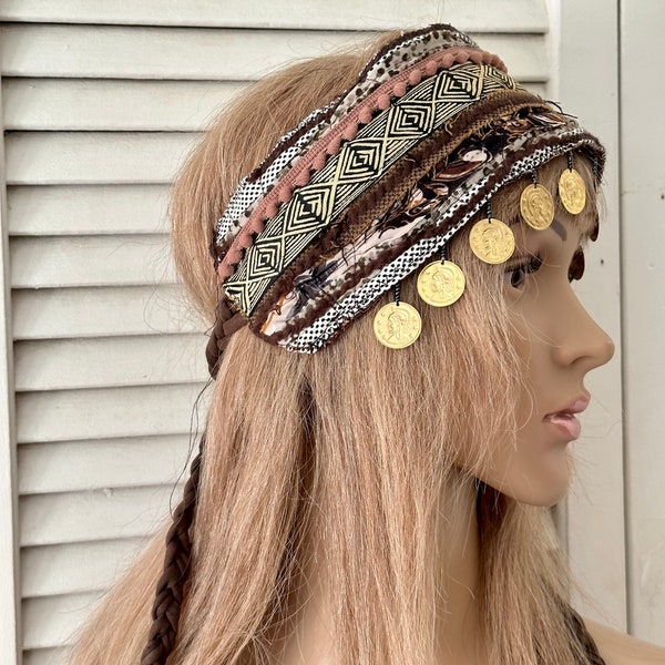 Bohemian coins headband, hippie hairband, festival head wrap, brown beiges coins head band, geometric ribbon, tieback wide embellished gypsy