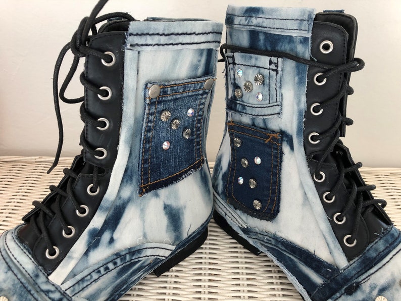 Denim combat boots women size 7.5 blue jean ankle boots Etsy