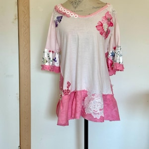 Pink shabby chic upcycled tunic top, floral lace pearl beads pullover shirt, boho chic tattered ruffles scoop neck tee shirt, one of a kind