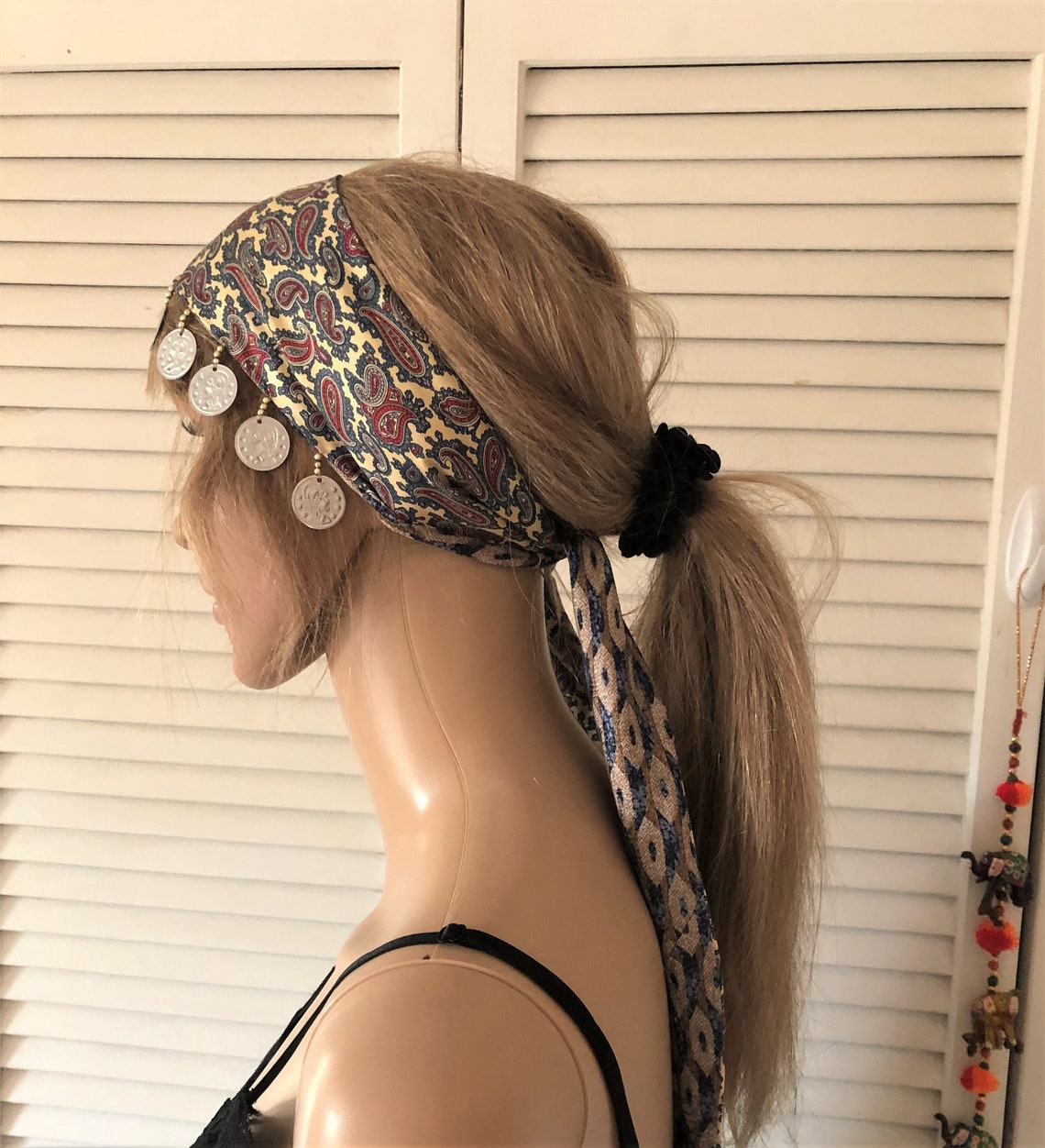 Silver coin headband coin dangle gypsy head wrap silk Etsy
