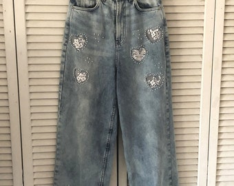 Women's Lace cut out jeans, high rise stone wash, cut out hearts, lace embellished blue jeans, fashion pearl beaded jeans, frayed hems