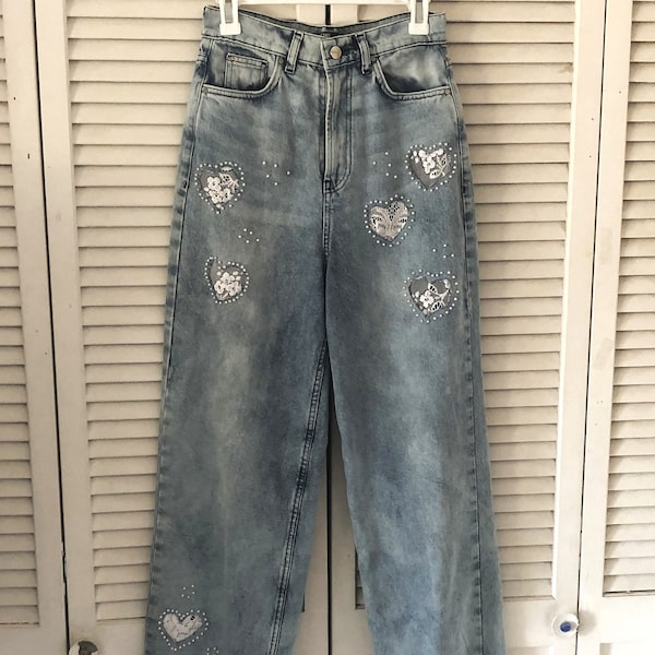 Women's Lace cut out jeans, high rise stone wash, cut out hearts, lace embellished blue jeans, fashion pearl beaded jeans, frayed hems