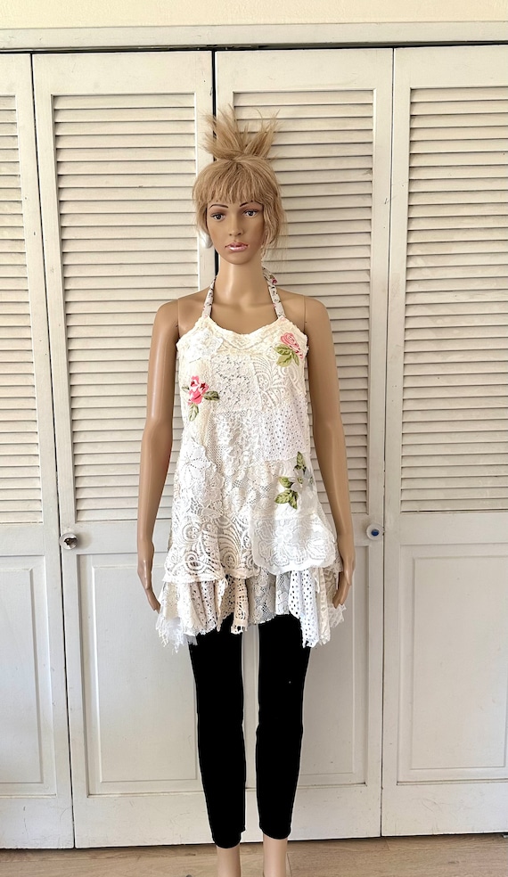 Handmade Lace Halter Top: Upcycled Vintage Crochet Mini Dress Handmade Lace Halter Top: Upcycled Vintage Crochet Mini Dress
