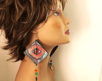 Handmade leather dangle earrings, diamond shape statement, ethnic exotic gift for her, american indian and Aztec southwest theme