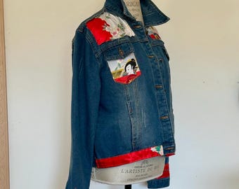 Upcycled Denim Jacket: Silky Kimono Fabric, Japanese Geisha Design
