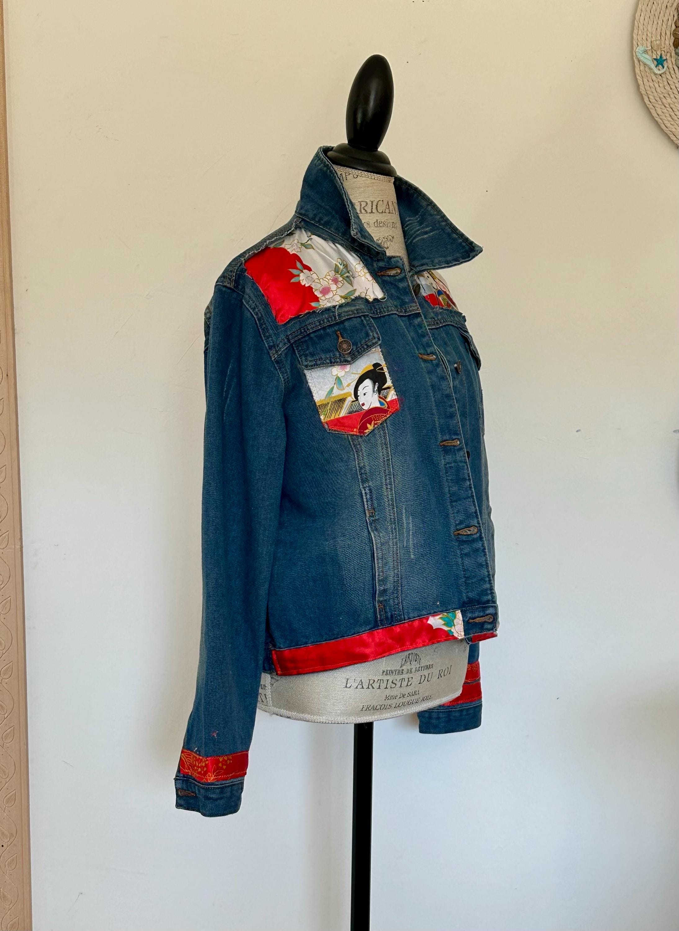 Upcycled Denim Jacket: Silky Kimono Fabric, Japanese Geisha Design