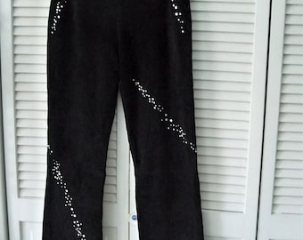 Women's black suede pants, 90's vintage, Suede leather jeans, crystal embellished evening wear, Black rock star pants, back zipper