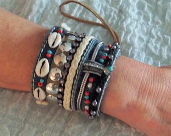 SALE beaded cuff bracelet, Southwestern wide wristband, Boho hippie jewelry, Statement Denim bracelet, embellished
