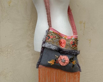 Boho chic cross body bag, shabby hippie shoulder bag, fringe floral gypsy purse, bohemian up cycled bag,one of a kind  boho gift,