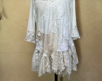 Handmade upcycled boho chic crochet lace patchwork dress or tunic L XL unique beautiful one of a kind fringes tattered wedding holiday wear