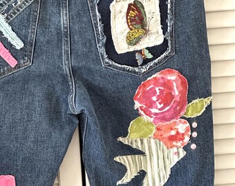 Patch work  boho hippie jeans, upcycled handmade sustainable, floral butterfly size XL, boyfriend patch, reworked denim, midrise