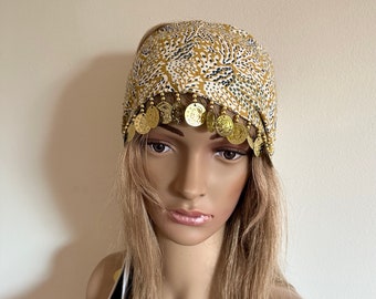 Gypsy coin headband, wide hippie tie back head wrap, boho chic bohemian festival head band, decorative embellished coins hair accessory
