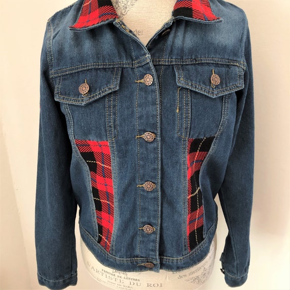 red plaid denim jacket