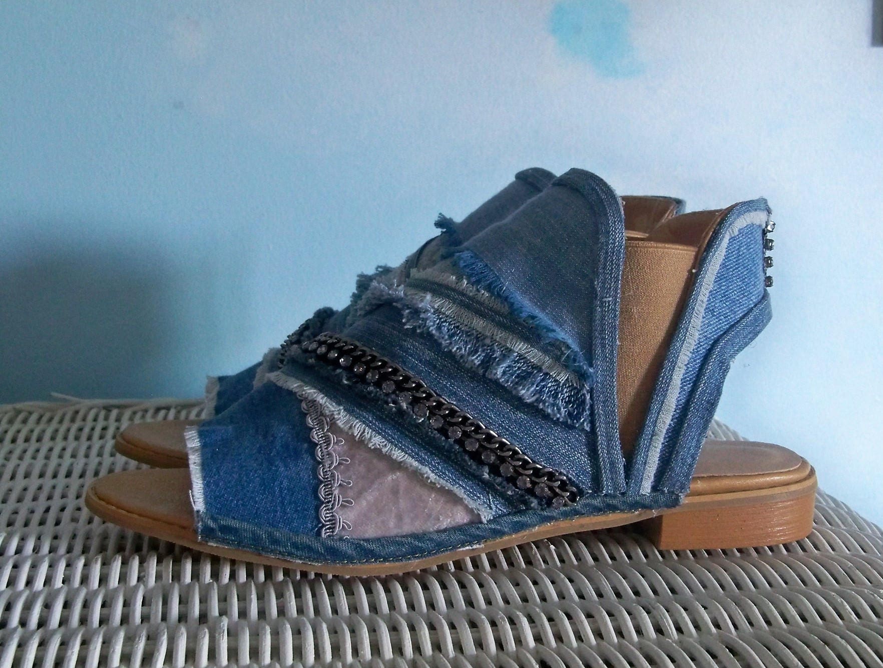 open toe denim booties
