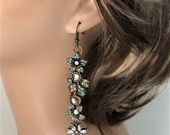 Dangle earrings women, floral rose gold tone, crystal flower earrings, boho chic, long dangle sparkle, re cycled costume jewelry earrings
