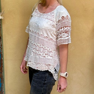 Crochet lace blouse Size L boho chic lace top, white summer lacey tunic, festival crochet top, cruise wear vacation beach feminine pretty