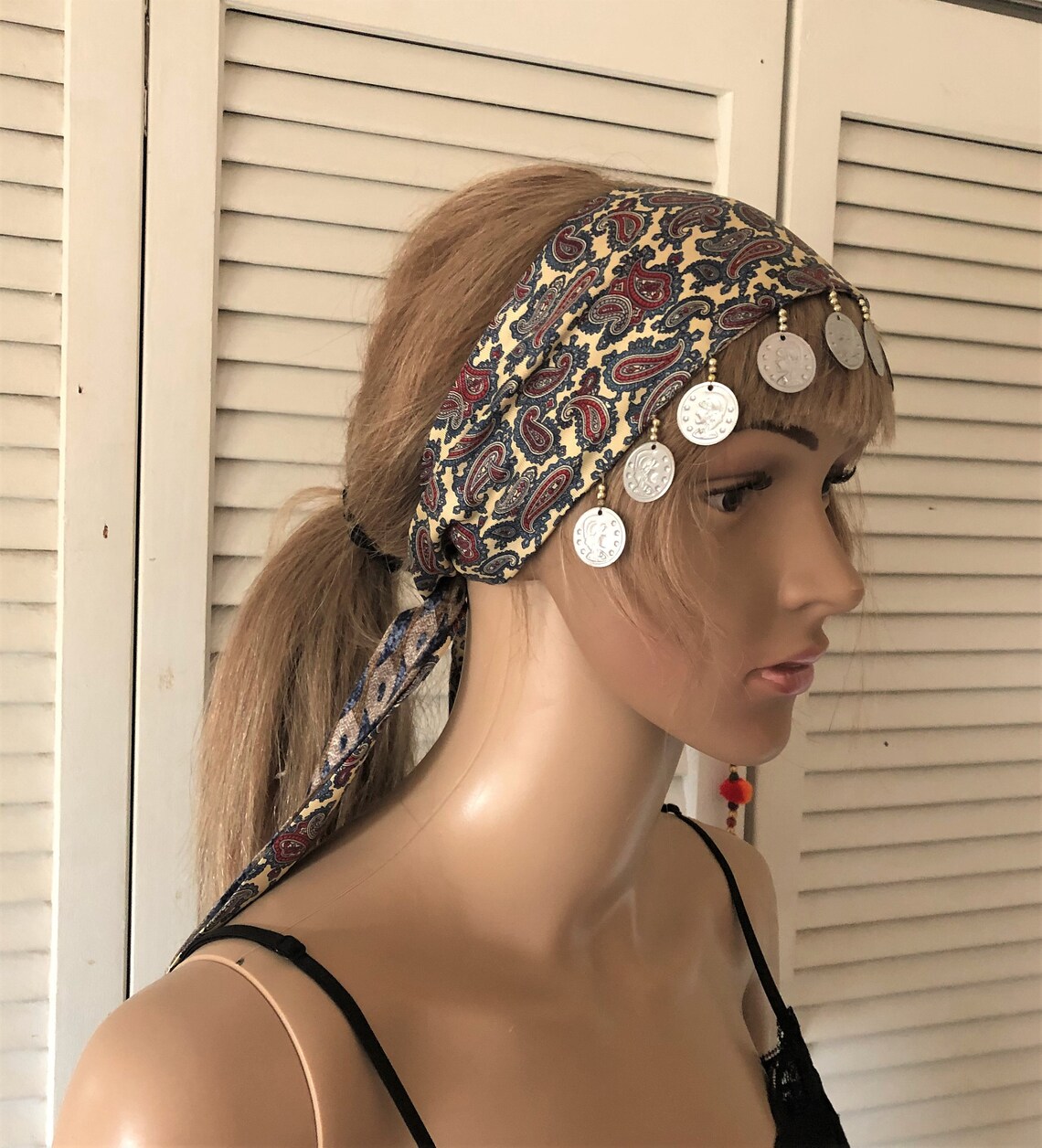 SALE Silver coin headband coin dangle gypsy head wrap silk Etsy