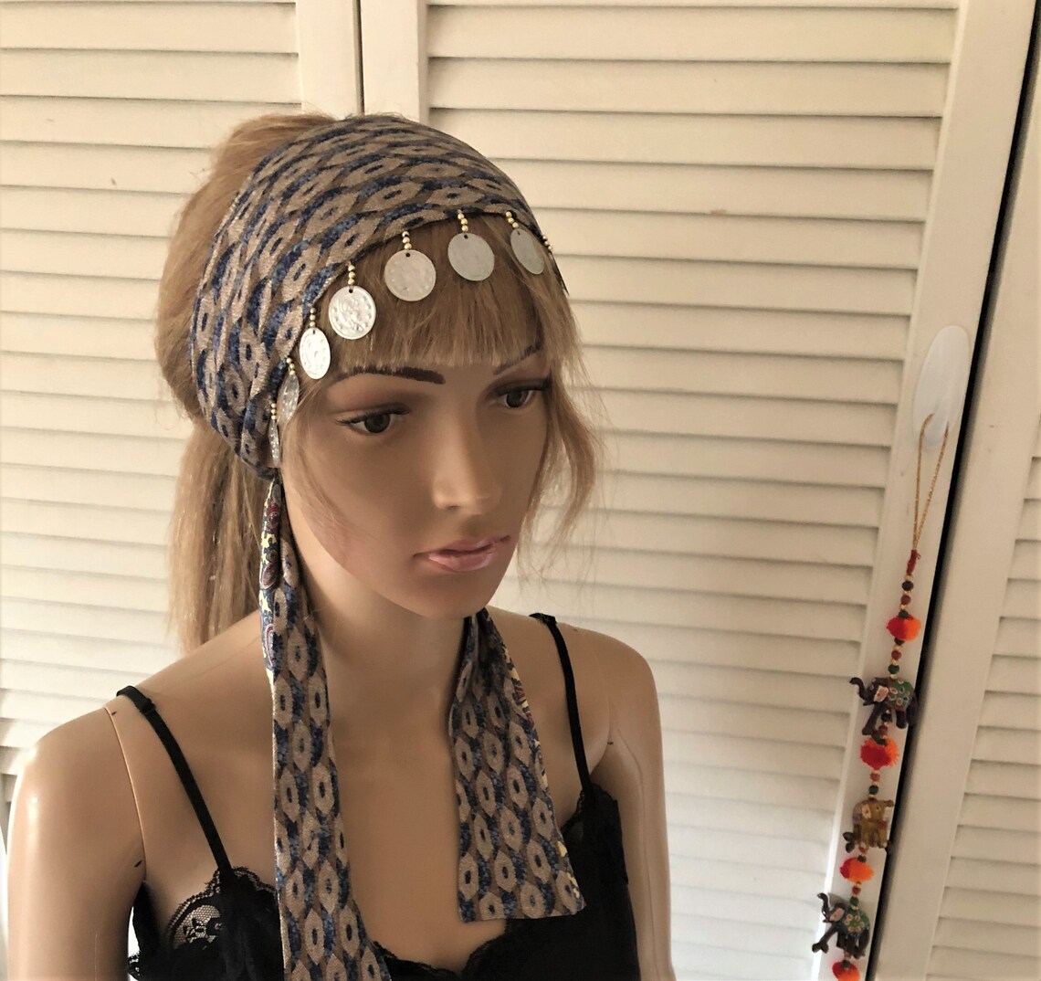 Silver coin headband coin dangle gypsy head wrap silk Etsy