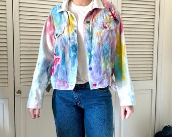 XL oversized denim Jean jacket, hippie boho art to wear, embellished hand fabric painted butterfly appliqués OOAK,