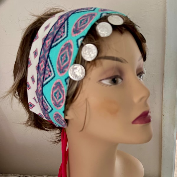 Wide stretch headband with silver coins, boho hippie head wrap, festival gypsy style, tie backs, geometrical jersey fabric, unique