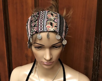 Hippie boho headband, silver coin headband, hand made retro headband, hair accessory stocking stuffer her, holiay gift, festival hairband