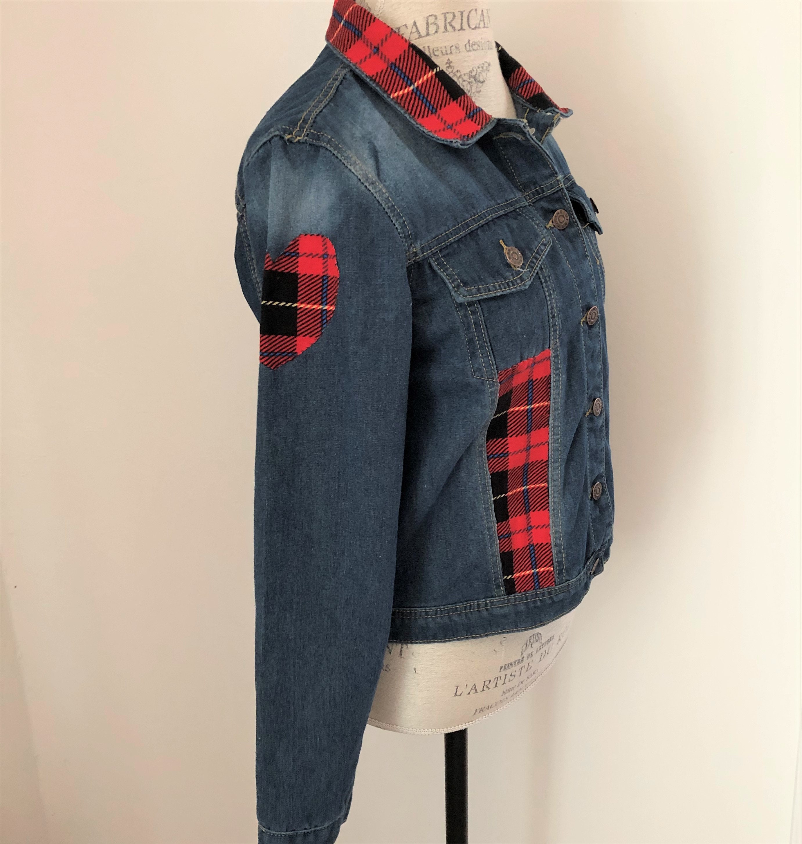 Denim Jacket Plaid Patch Jean Jacket 