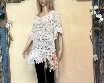 Cream beige romantic sweater tunic, size L, shabby chic bohemian top, boho art to wear, long gypsy sweater top,  upcycled sexy hippie chic