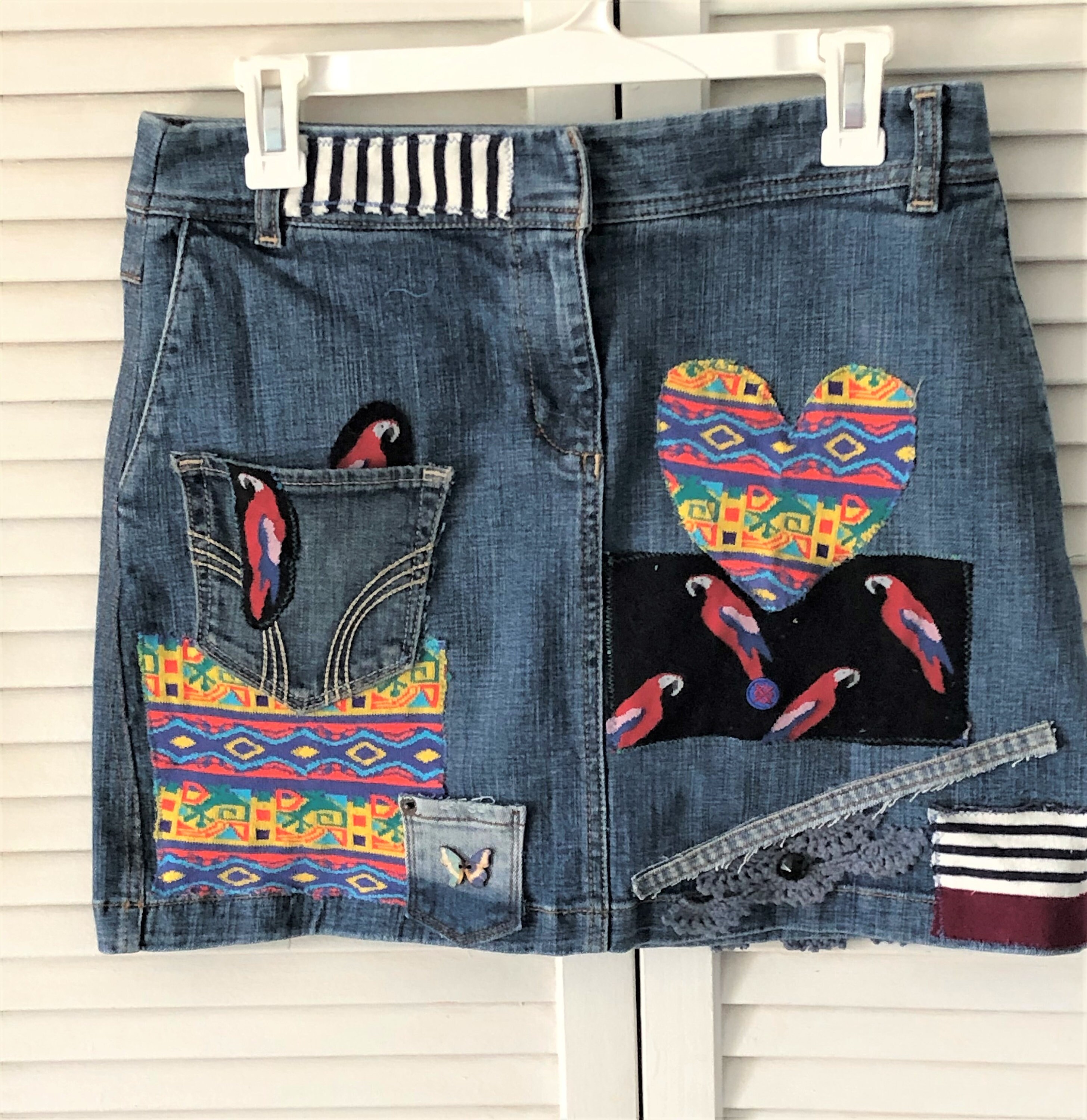 Blue denim mini skirt patchwork jean skirt art to wear handmade OOAK skirt parrots hearts embellished crazy denim skirt hippiie boho