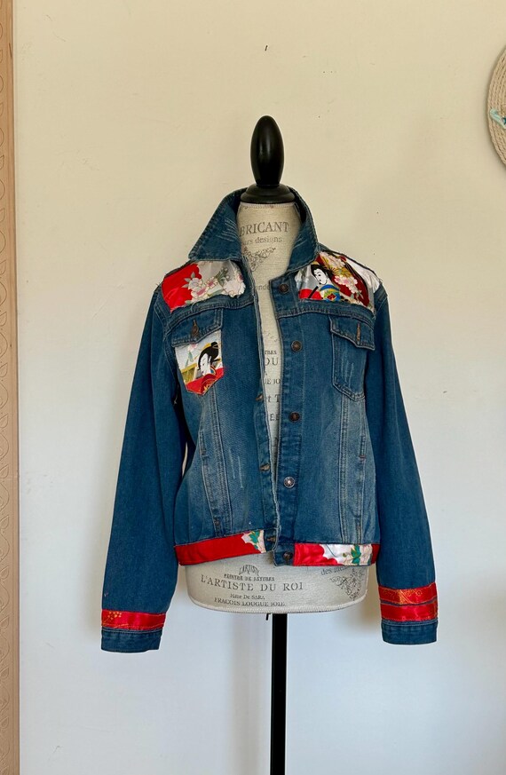 Upcycled Denim Jacket: Silky Kimono Fabric, Japanese Geisha Design
