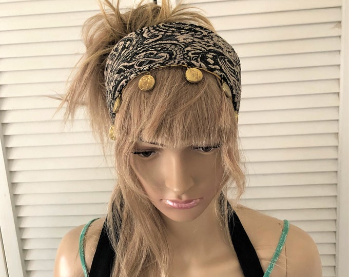 Gold Coin Headband, Hippie Gypsy Headband, Wide Paisley Fabric Head