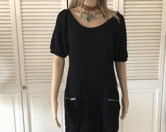 Black sweater dress with pockets, vintage dress puff sleeves, size L, round neck knee length, black textured sweater dress, smart casual