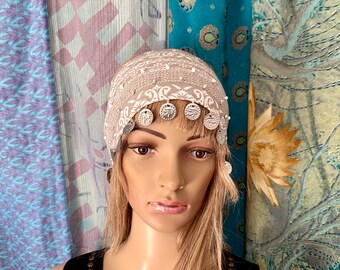 boho chic gypsy coin headband, bohemian hippie edgy festival head wear, beige white beaded wide hair band, gift for mom sister her, lined