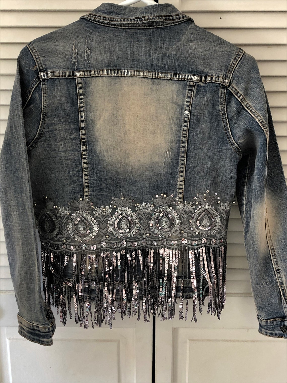 Sequin fringe denim jacket rhinestone jean jacket silver | Etsy