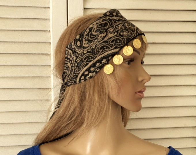 Gold Coin Headband, Hippie Gypsy Headband, Paisley Fabric Headwrap
