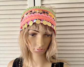 wide boho chic headband, gift for mom, gypsy romany hippie dangle coins head wrap festival hair accessory pink peachy yellow hairband unique