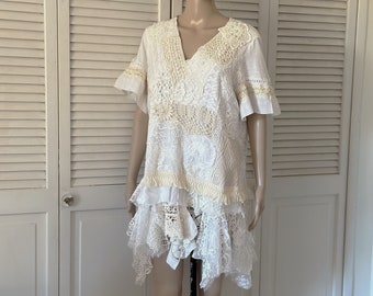 Bohemian dress tunic unique size L XL patchwork dress art to wear tattered and frayed boho chic tunic top handmade unique crochet and lace