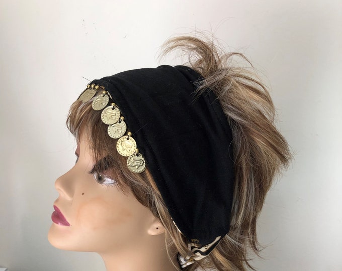 African Animal Print Reversible Coin Headband, Stretchy Gold Coin