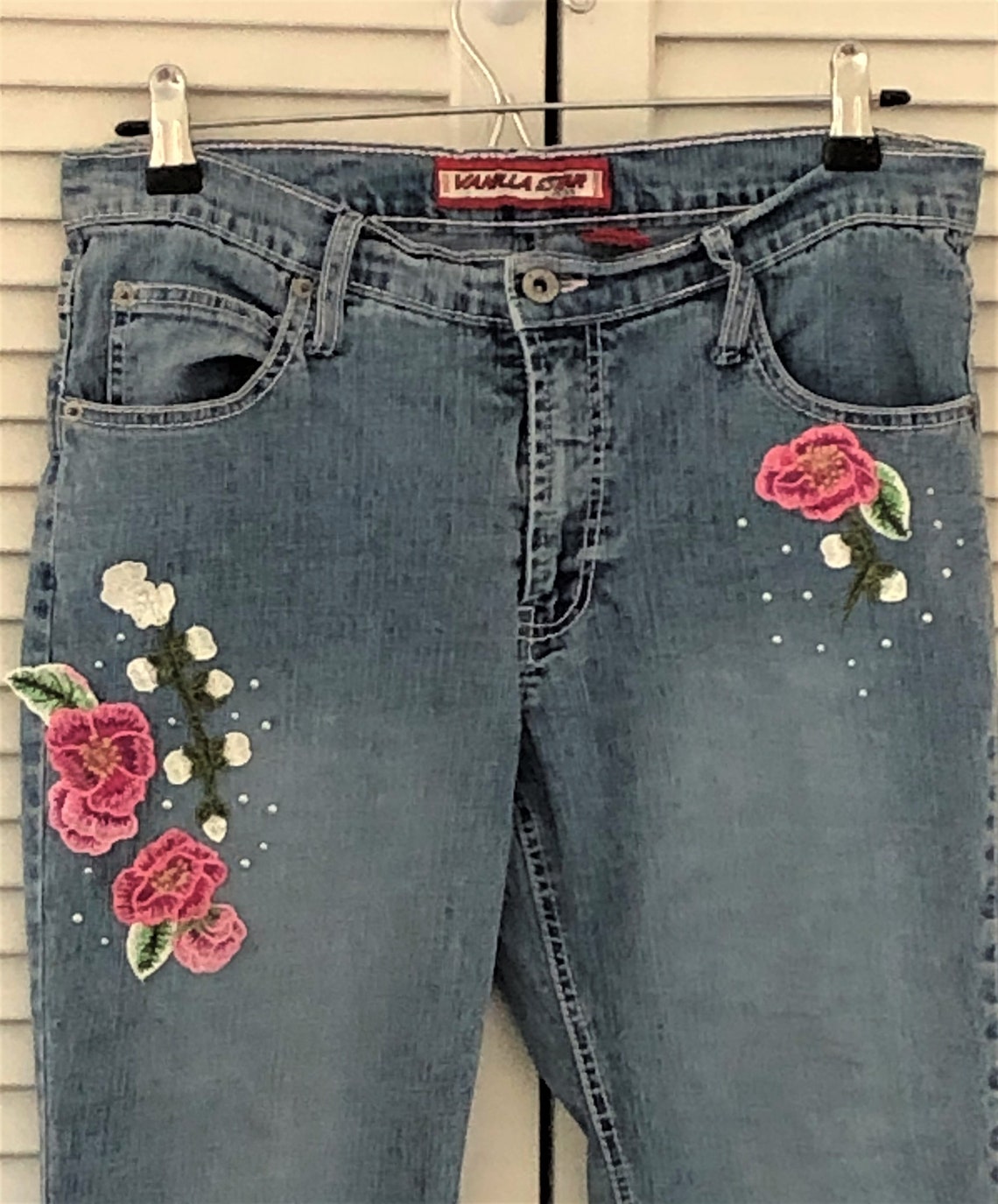 Cropped capri jeans embellished floral custom designed jeans | Etsy