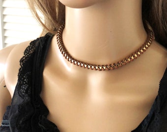 leather chain choker, brown cord chain choker, gift under 20 , box chain choker necklace, leather weave choker