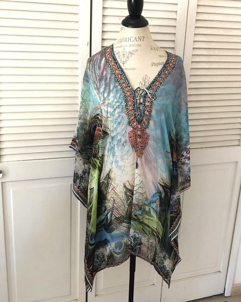 Sheer Tropical Beach Poncho Beautiful Peacock Cover Up Etsy