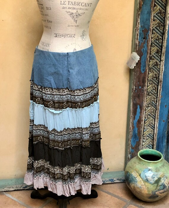 Vintage denim cotton ruffle skirt, crinkle cotton… - image 2