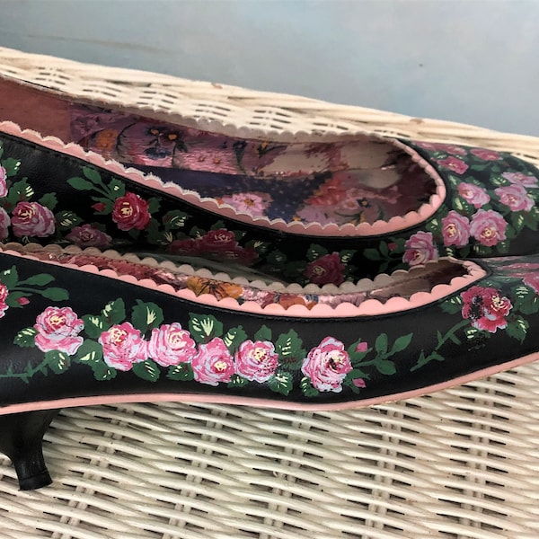 SALE Designer floral pumps ,Irregular choice vintage, size 9, kitten heel pumps, low heel shoes, floral leather pumps, summer slip on shoes