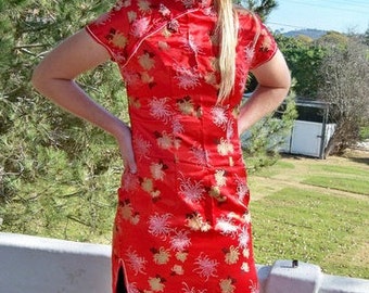 VINTAGE CHEONGSAM, handmade in Hong Kong in 1983 beautiful embroidered silk, cherry red, original dress. sexy slim fit, never worn