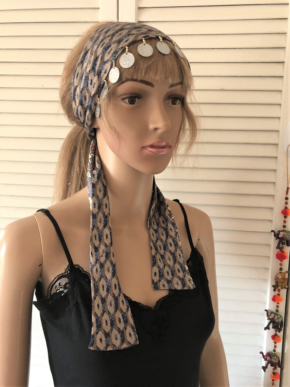 Silver coin headband coin dangle gypsy head wrap silk Etsy