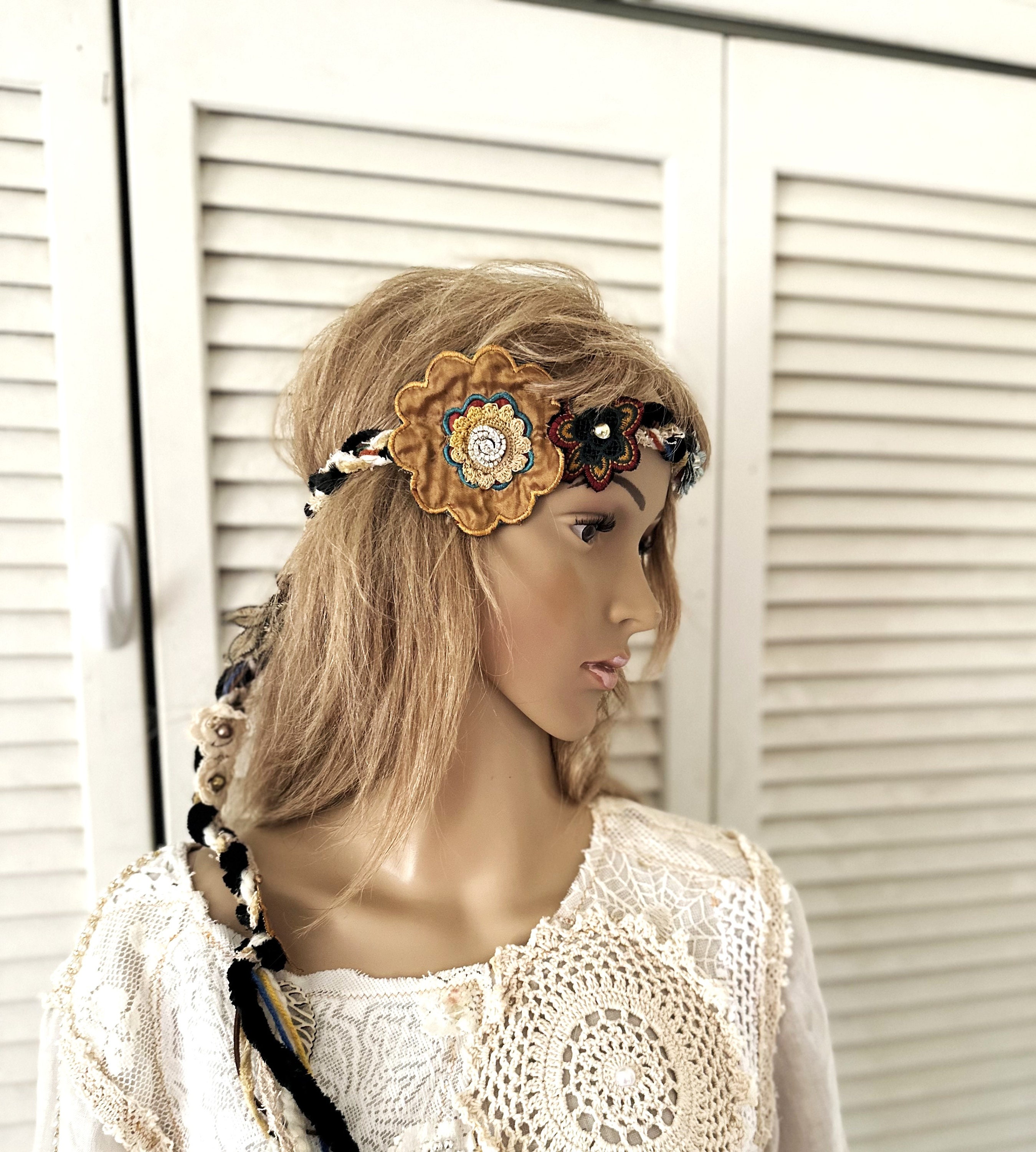 Hippie Chic Boho Yarn and Leather Headband, Long Tie Backs Wooden