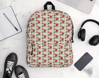 Red Floral Backpack, Botanical Laptop Bag, Spring Daypack, School Travel Bag