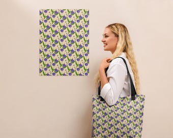 Botanical Print Tote Bag, Floral Spring Summer Market Bag, Cotton Denim Handles