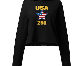 USA 250 Crop Hoodie – Patriotic Star Flag, Women’s Streetwear